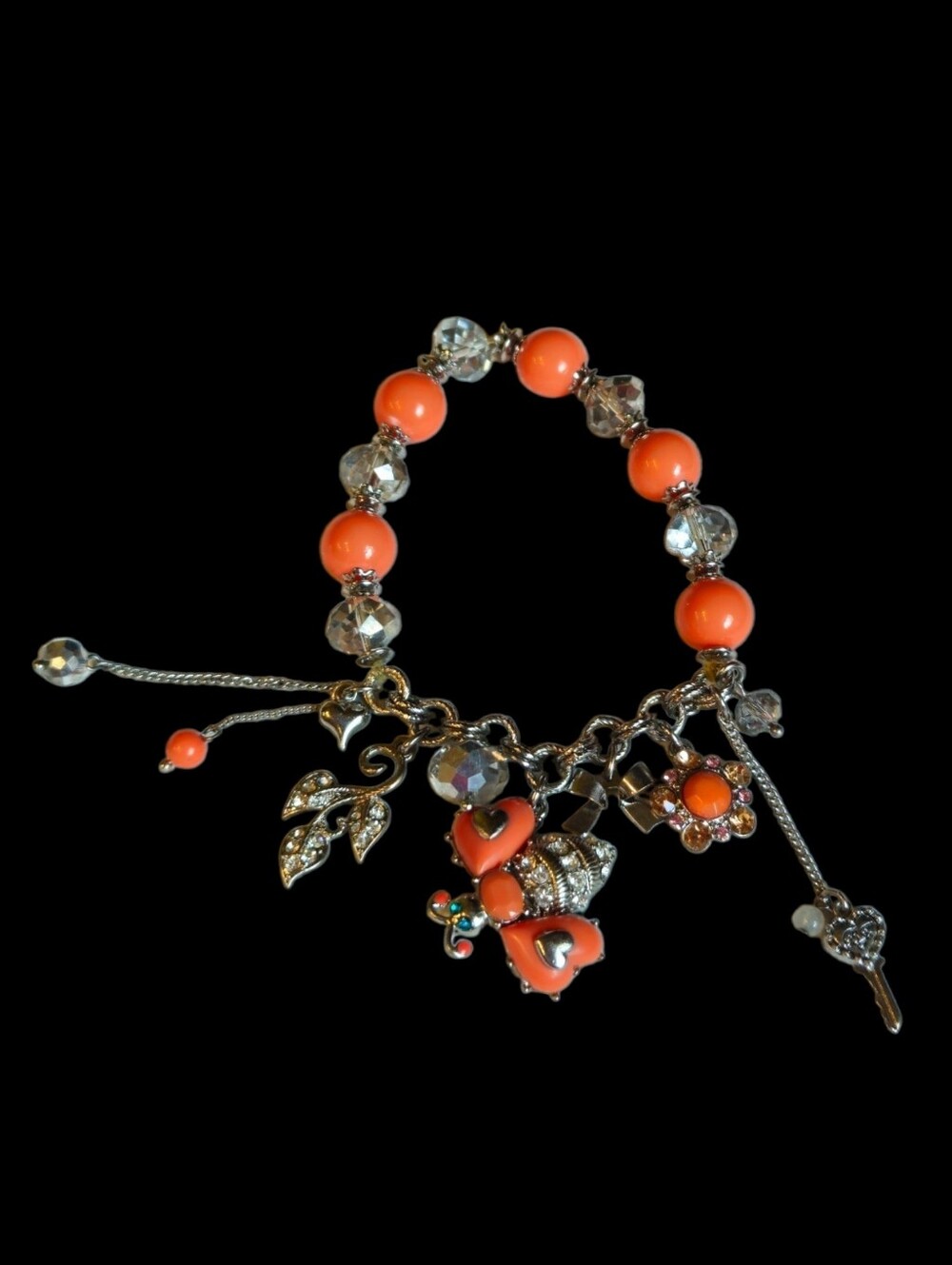 🐝Betsey VINTAGE Bee Half-Stretch Charm Bracelet Silver-Tone Orange Accents EPC